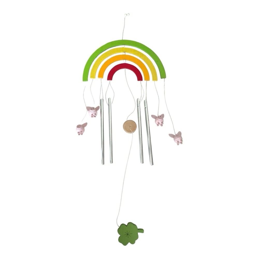 Rainbow Pig Wind Chime Wooden Whimsical Garden Decor Shamrock Lucky Clover